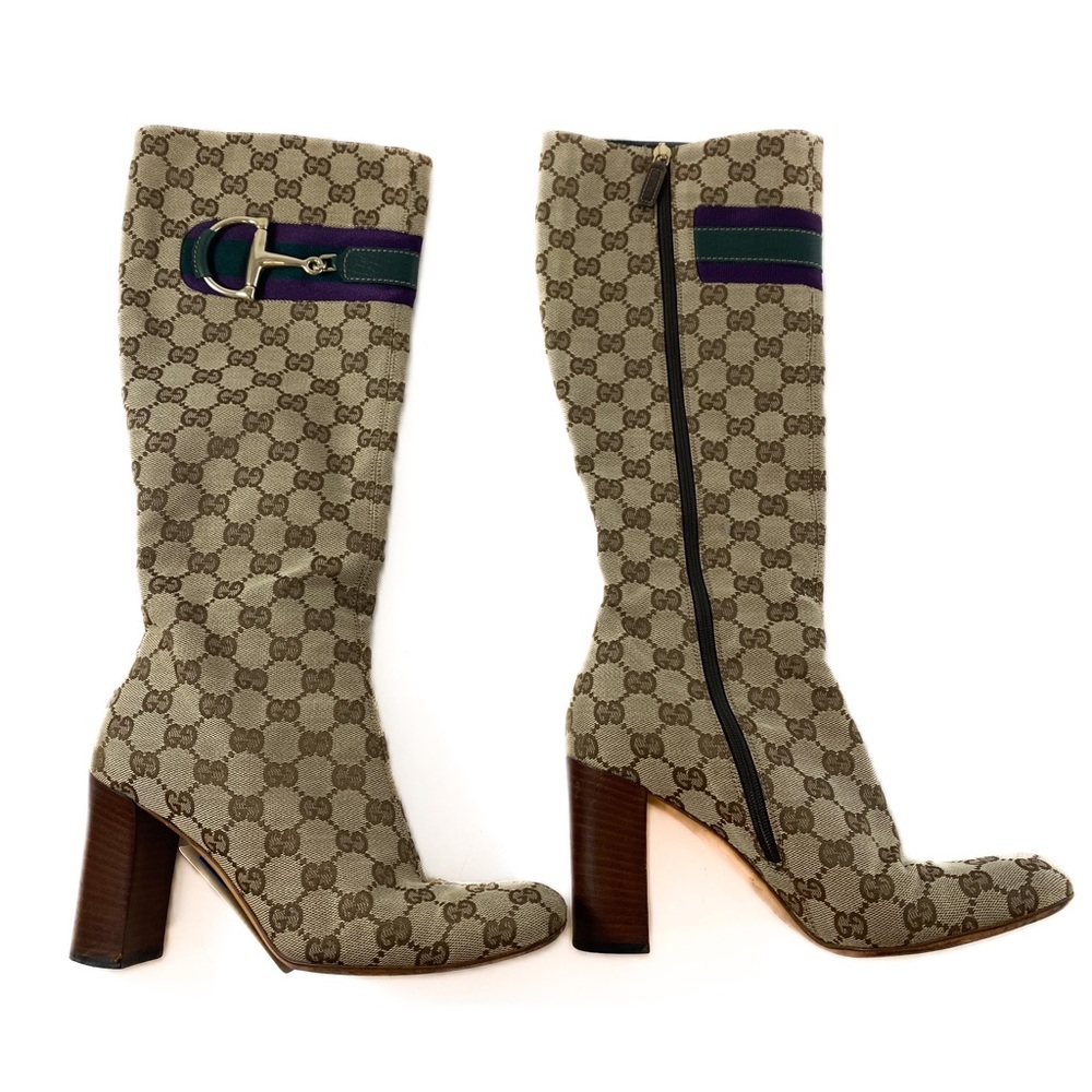 Gucci GG Signature Monogram Horse Bit Canvas Knee-High Heeled Cloth Boots